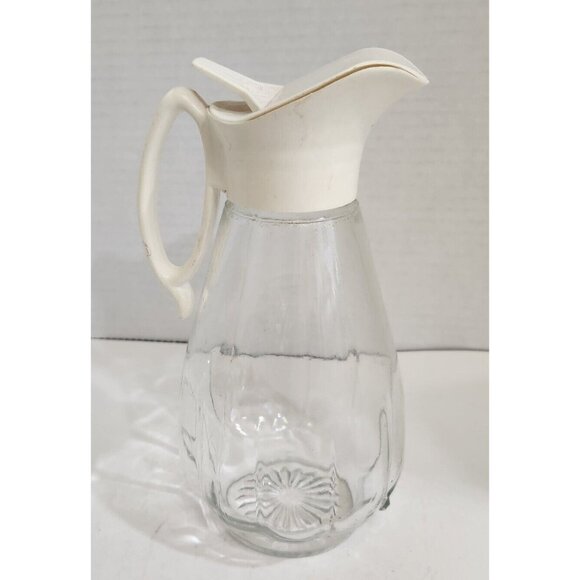 Vintage Log Cabin Syrup Dispenser Bottle Pitcher Clear Glass White Lid Handle - Picture 1 of 4
